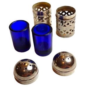 Vintage APEX EPNS Cobalt Glass Insert Salt &‎ Pepper Shakers Set of 2